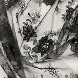 1 Yard Beaded Lace Fabric Black Polyester Net Mesh, with Beads and Sequins, 53 Inches Wide
