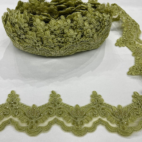 1 Yard Luxurious Beaded & Corded Lace Trimming Embroidered on 100% Polyester Net Mesh for Special Occasion Dresses 3 Inch Width