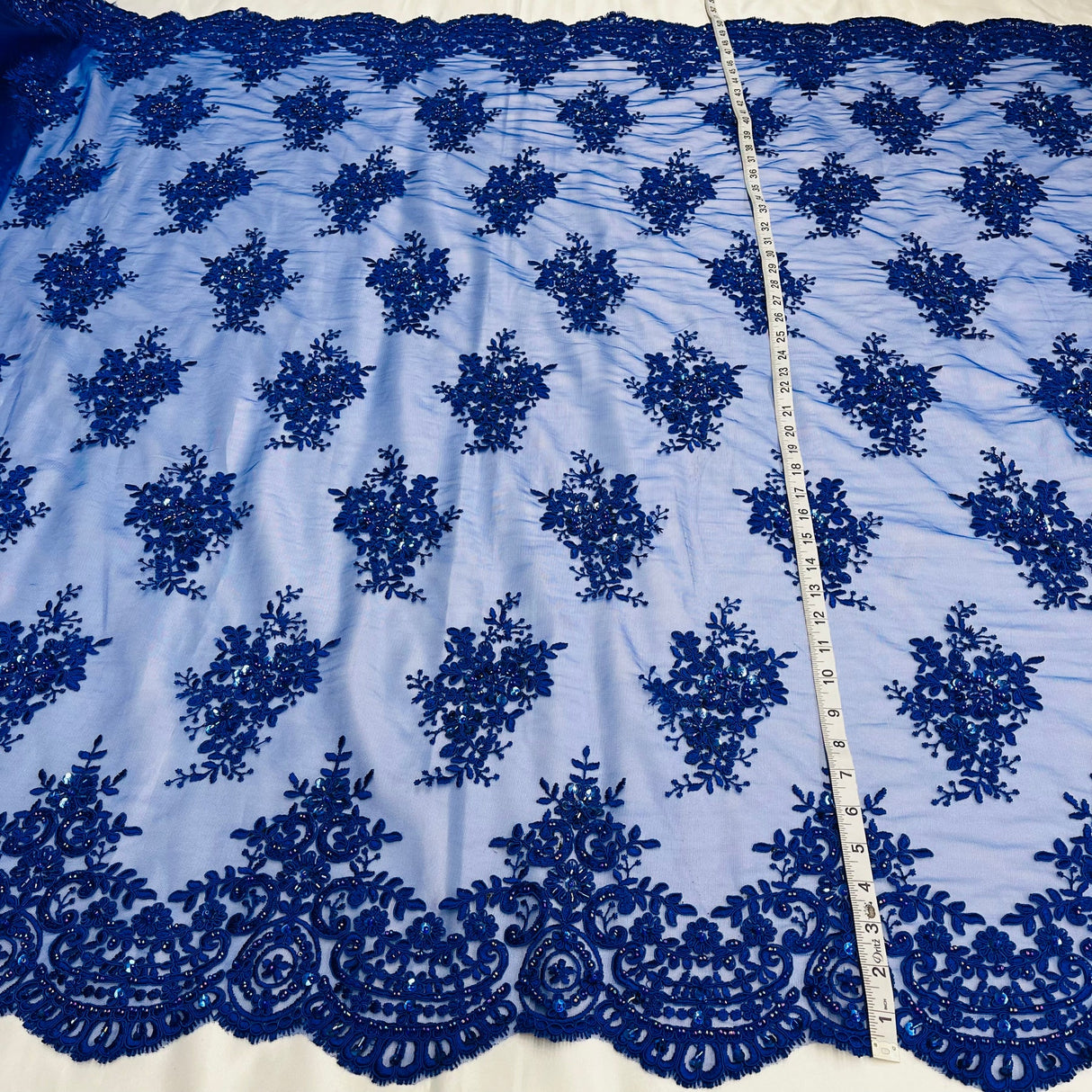 1 Yard Glamorous Beaded Corded Lace Fabric Embroidered on Premium Polyester Mesh 56