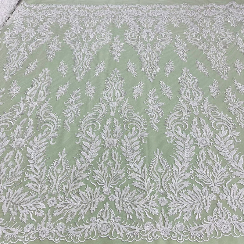 1 Yard Beaded and Sequined Lace Fabric Embroidered on Polyester Net Mesh 56 Inch Width