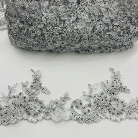 1 Yard 4? Wide Beaded & Corded Lace Trimming Embroidered on 100% Polyester Net Mesh