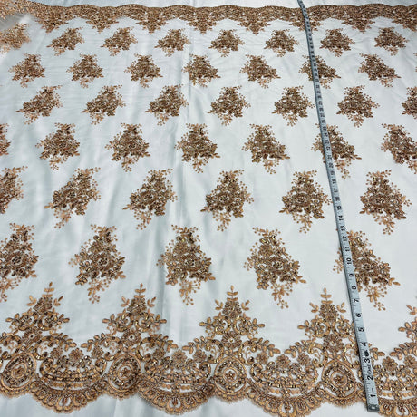 1 Yard Beaded Corded Lace Fabric Embroidered on Premium Polyester Mesh 56