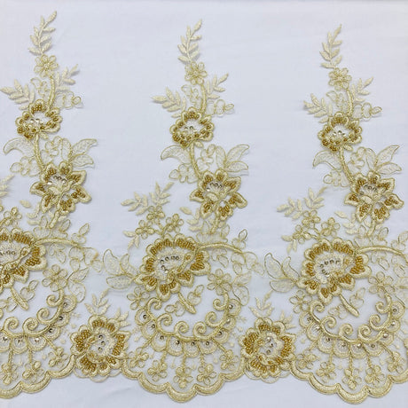 1 Yard Beaded & Corded Lace Trimming 100% Polyester Net Mesh 15" Wide