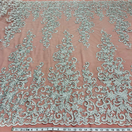 1 Yard Ivory Beaded & Corded Bridal Fabric Lace Embroidered on Polyester Net Mesh, 51" Width, Elegant Wedding Fabric