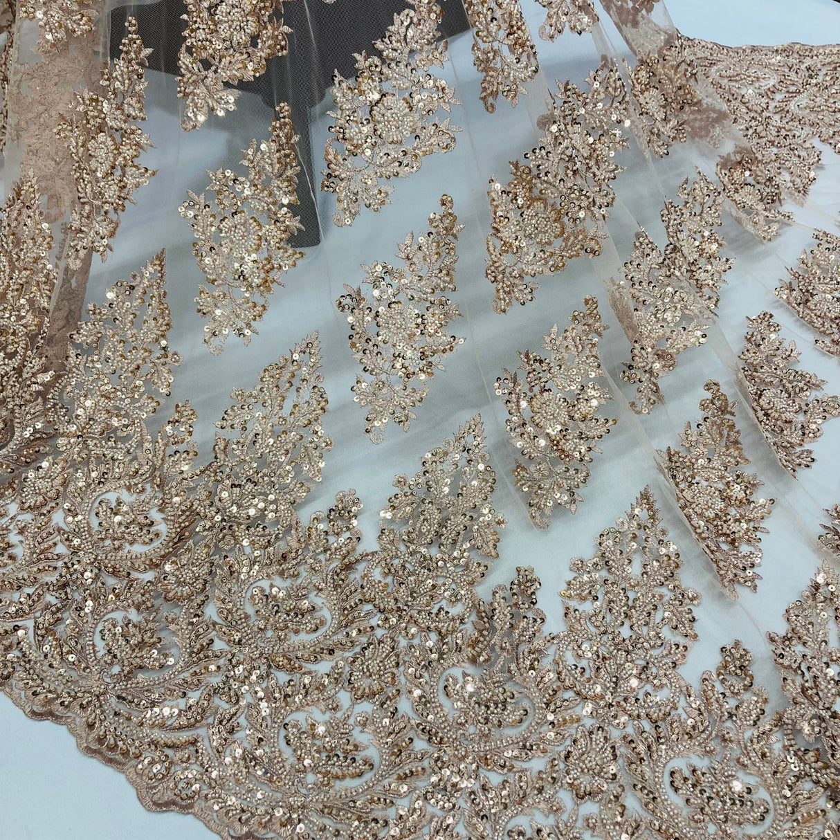 1 Yard Champagne Beaded Embroidered Lace Fabric on Polyester Mesh, 50" Width,
