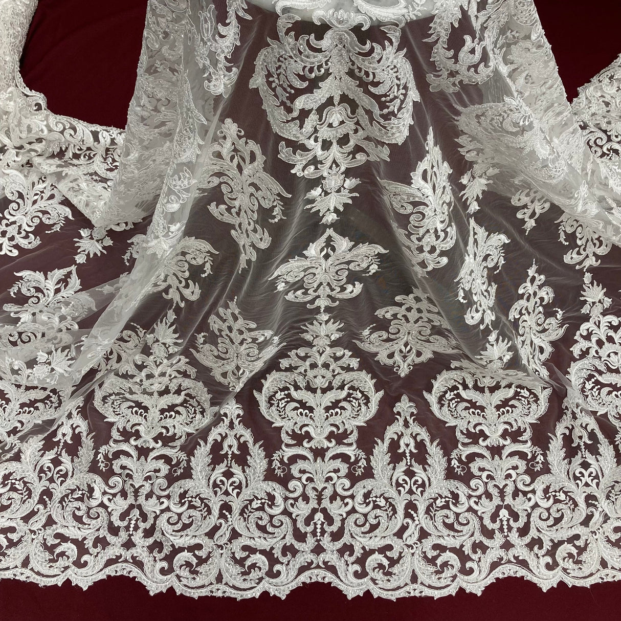 1 Yard Beaded and Corded Lace Fabric Embroidered on Polyester Net Mesh 51 inch Width