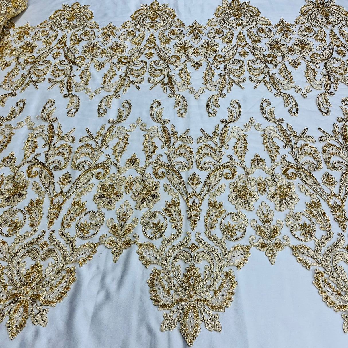 1 Yard Sparkling Beaded Corded Bridal Lace Fabric Embroidered on Premium Mesh 51
