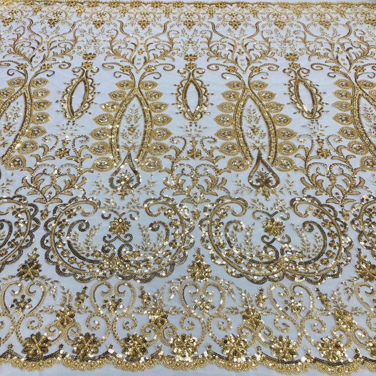 1 Yard Beaded Lace Fabric Embroidered on Polyester Net Mesh with Sequins and Pearls 52 inch Width