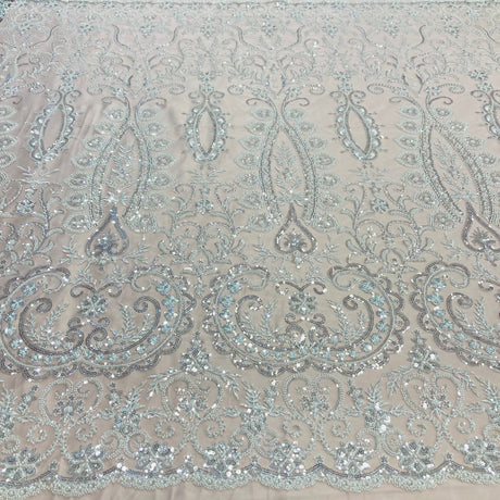1 Yard Beaded Lace with Sequins & Pearls 52? Wide Embroidered Polyester Mesh for Bridal & Couture Fashion