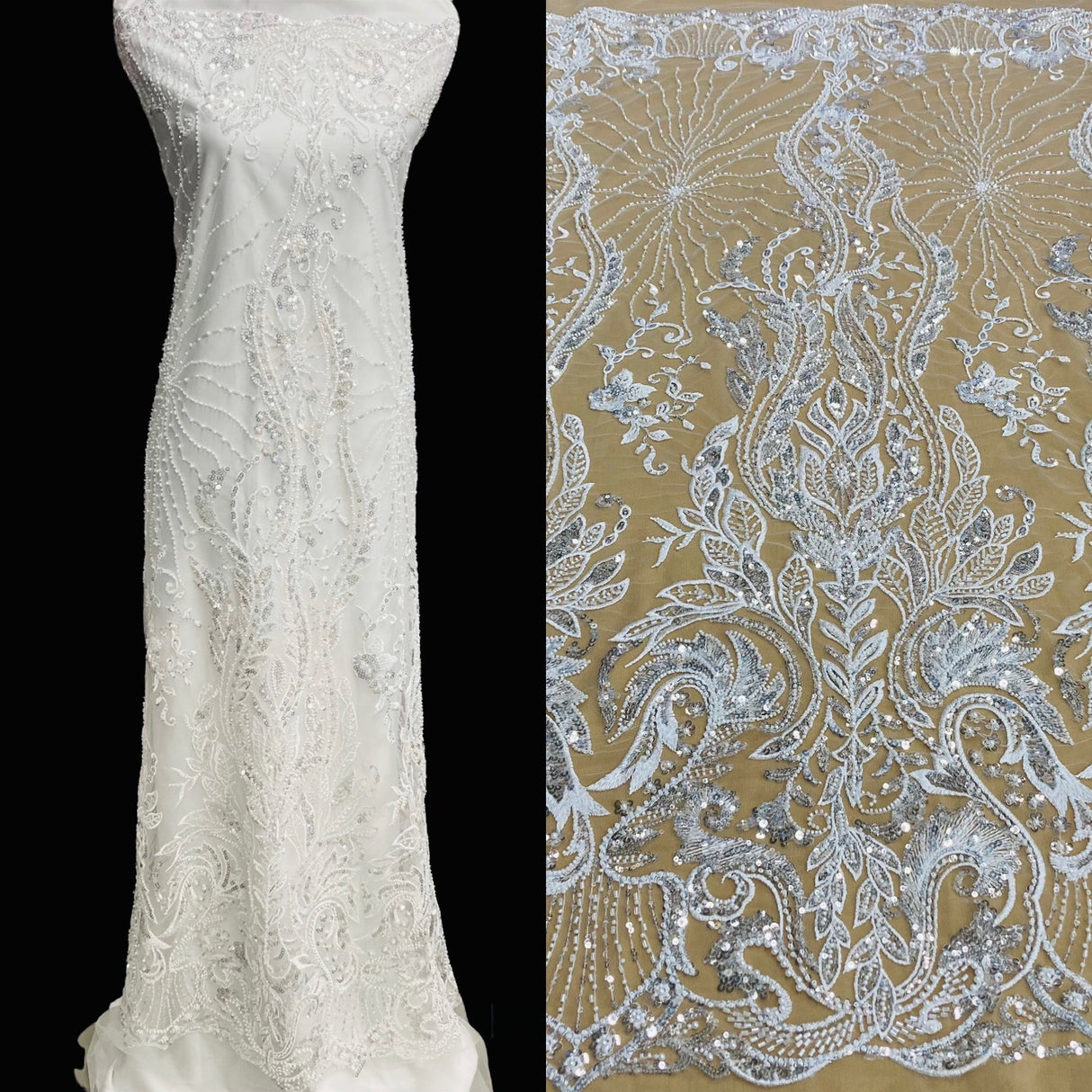 1 Yard Silver Beaded Lace Fabric Embroidered on 100% Polyester Net Mesh 51 Inch Width