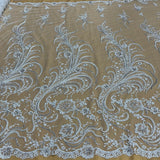 1 Yard Elegant Beaded Corded Bridal Lace Fabric Embroidered on Premium Mesh 52