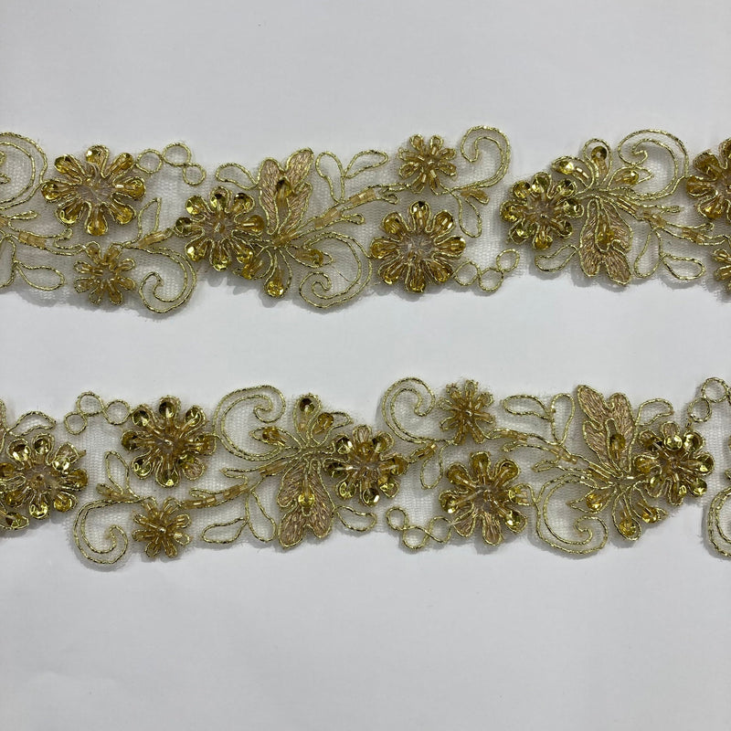 1 Yard Beaded Corded Embroidered Lace Trim 2" Wide 100% Polyester Net Mesh for Bridal & Evening Wear