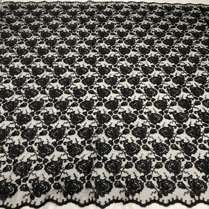 1 Yard Beaded Corded Bridal Lace Fabric Embroidered Net Mesh Black 51" Width