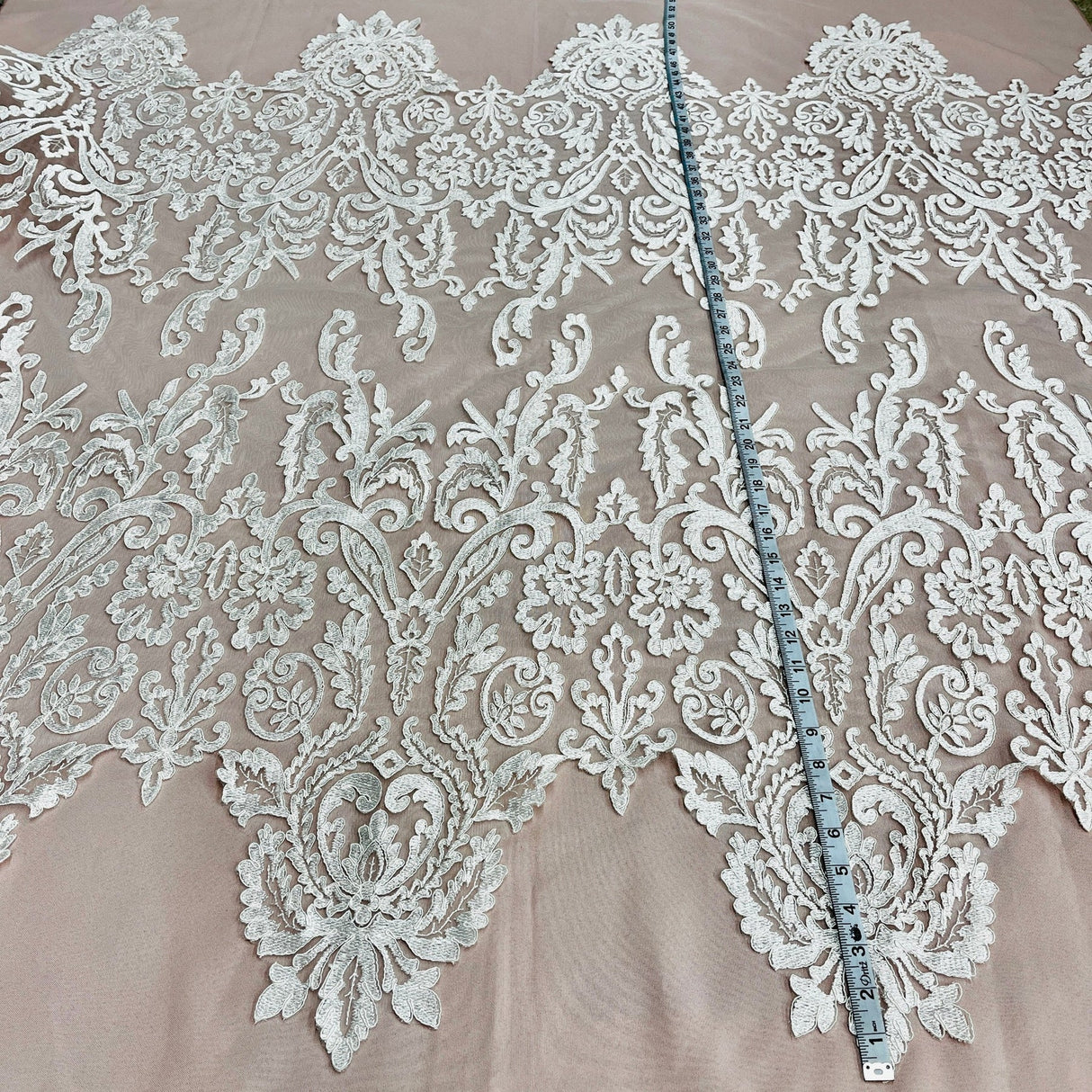 1 Yard Corded Bridal Lace Fabric Embroidered on Polyester Net Mesh
