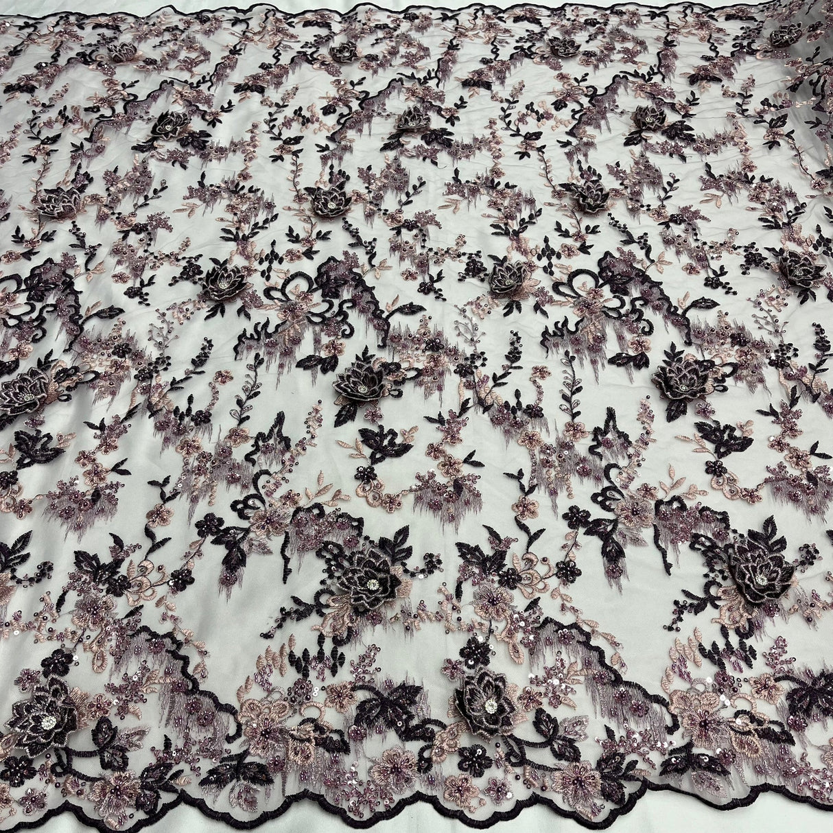 1 Yard Beaded Rhinestone 3D Floral Lace Fabric for Bridal Dresses Dance Costumes 50" Width