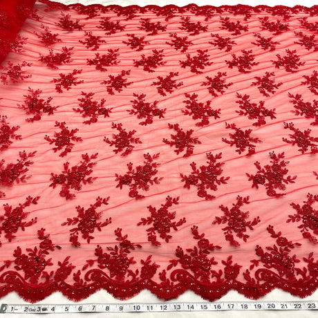 1 Yard Beaded Corded Bridal Lace Fabric Embroidered Mesh Champagne 54" Width