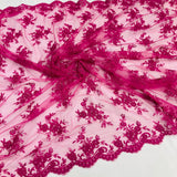 1 Yard Fuchsia Corded Bridal Lace Fabric Embroidered on Polyester Net Mesh 56 Inch Width
