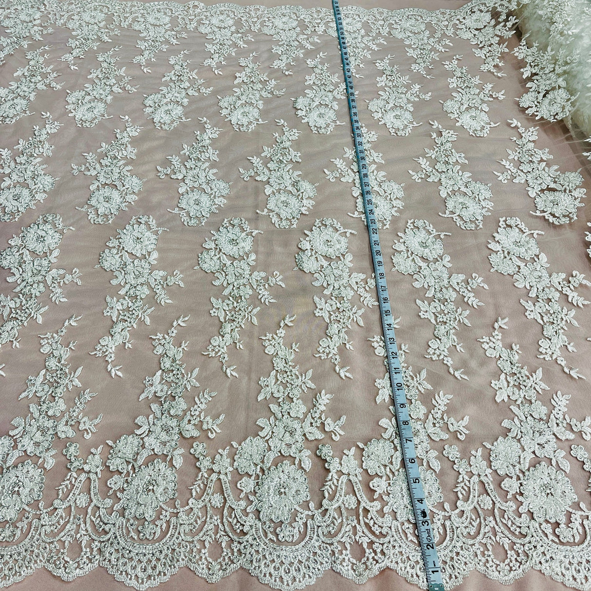 1 Yard Opulent Beaded Corded Bridal Lace Fabric Embroidered on Premium Mesh 53