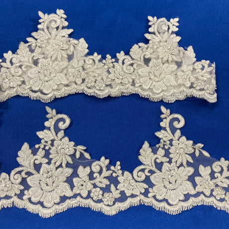 1 Yard 6" Wide Beaded & Corded Floral Lace Trimming Embroidered on 100% Polyester Net Mesh