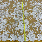 1 Yard Corded and Sequined Bridal Lace Fabric for Elegant Gowns White