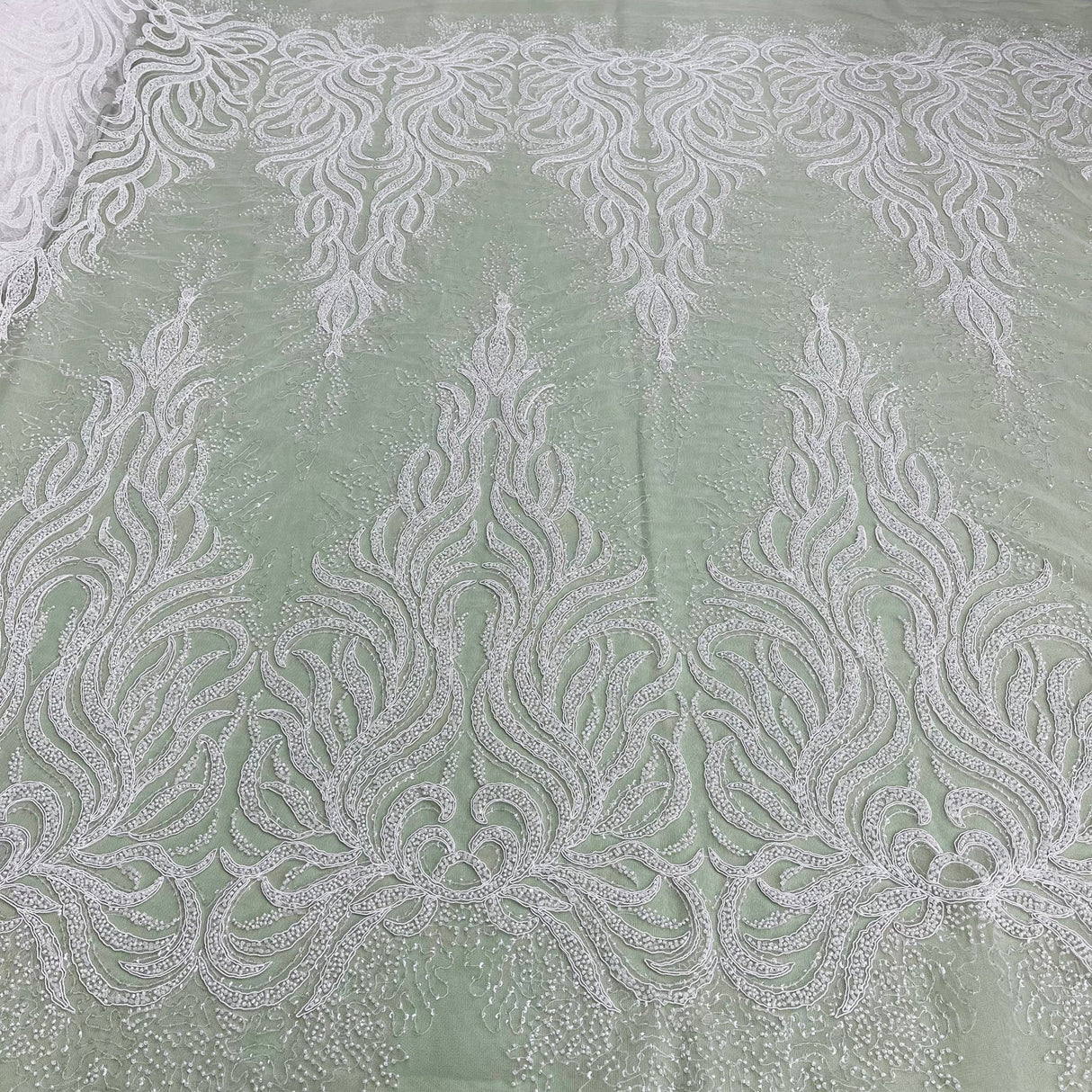 1 Yard Silver Beaded, Corded & Sequined Bridal Lace Fabric Embroidered on 100% Polyester Net Mesh 54 Inch Width