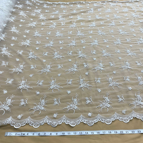 1 Yard Lace Beaded Fabric Fuchsia Polyester Net Mesh with Beads Pearls Sequins, 54 Inches Wide