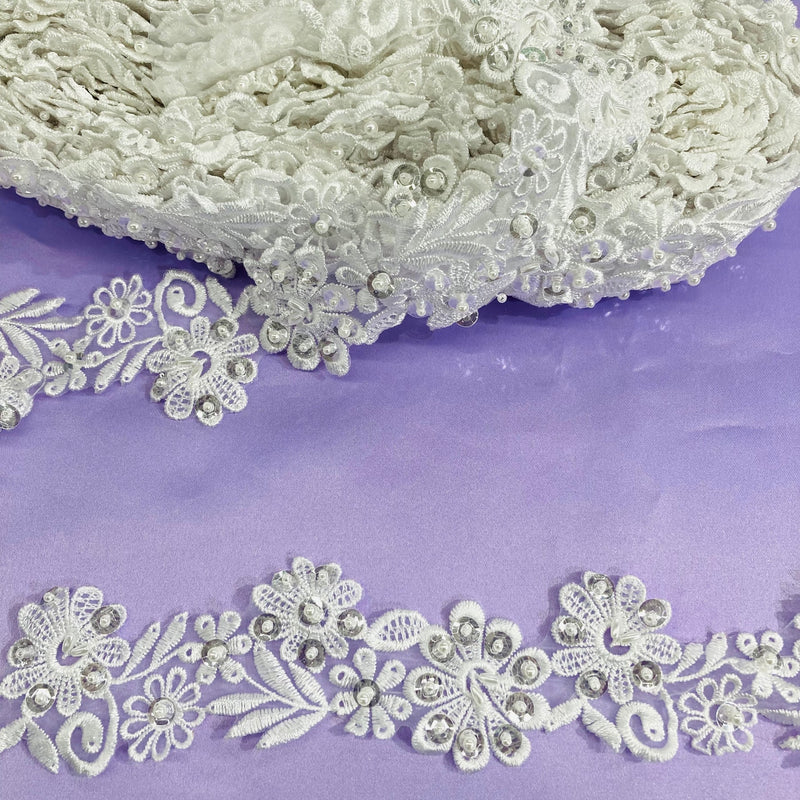 1 Yard Beaded Lace Trimming on Organza | 2" Wide | Elegant Embroidered Trim for Bridal, Formalwear & Costumes