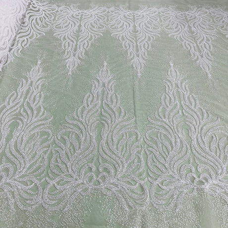 1 Yard Beaded, Corded & Sequined Bridal Lace Fabric Embroidered on 100% Polyester Net Mesh