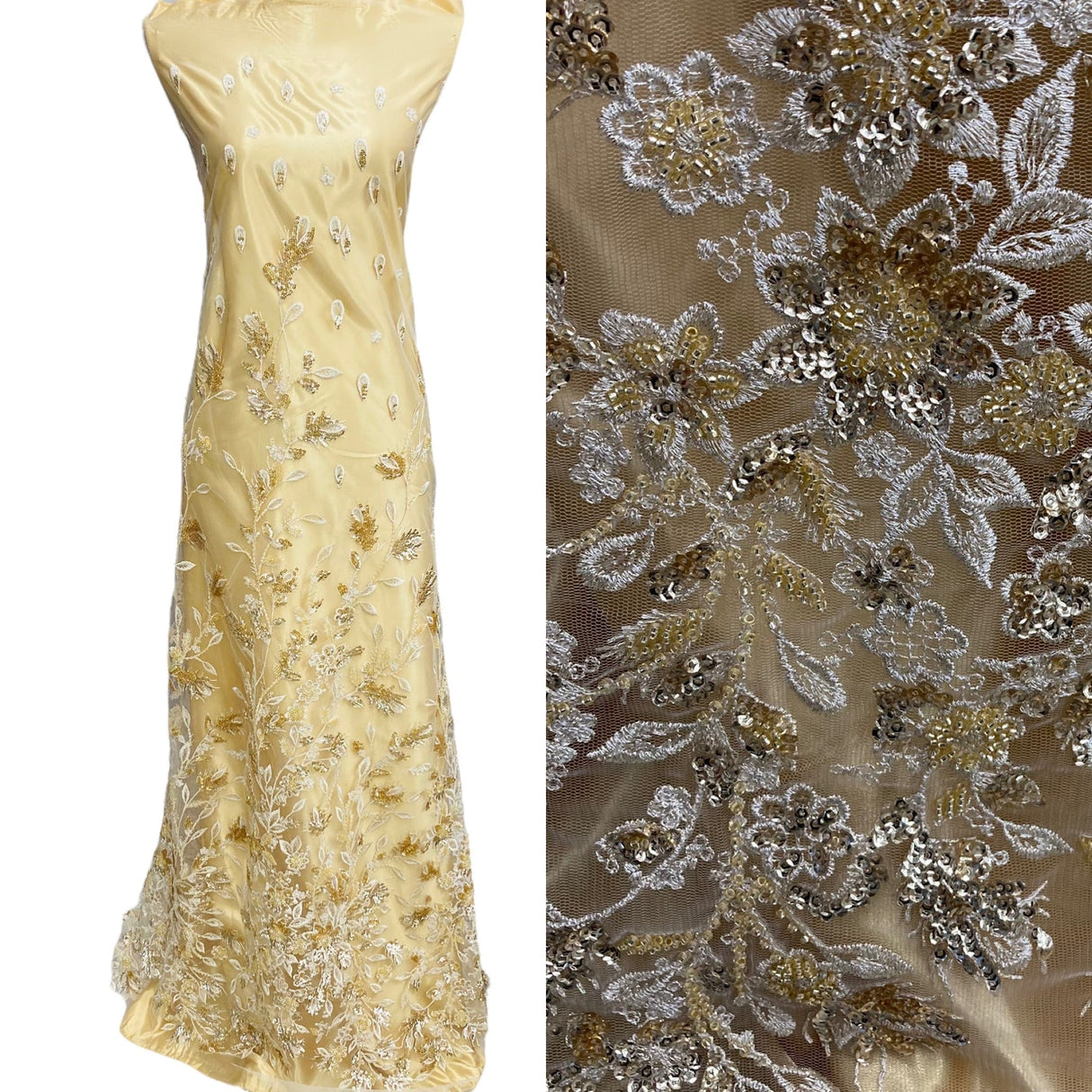 1 Yard Breathtaking White Beaded Sequined Lace Fabric on Net Mesh 54 inch Width