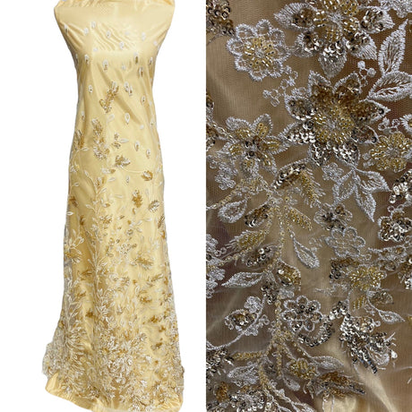 1 Yard Breathtaking White Beaded Sequined Lace Fabric on Net Mesh 54 inch Width