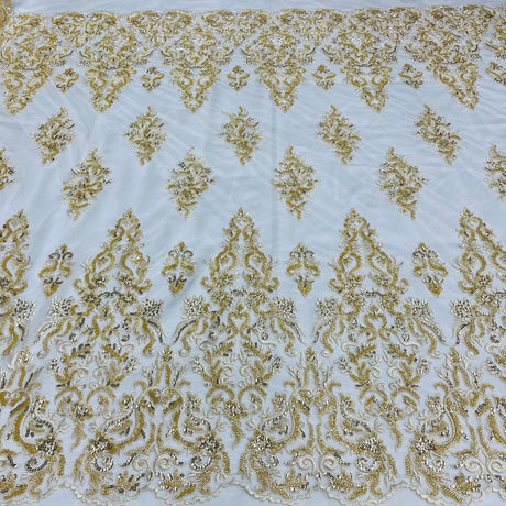 1 Yard Gold Beaded and Sequined Lace Fabric Embroidered on 100 Percent Polyester Net Mesh 52 Inch Width