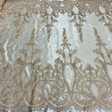 1 Yard Gold Metallic Beaded & Corded Bridal Lace Fabric, Embroidered Polyester Net Mesh, 54" Wide
