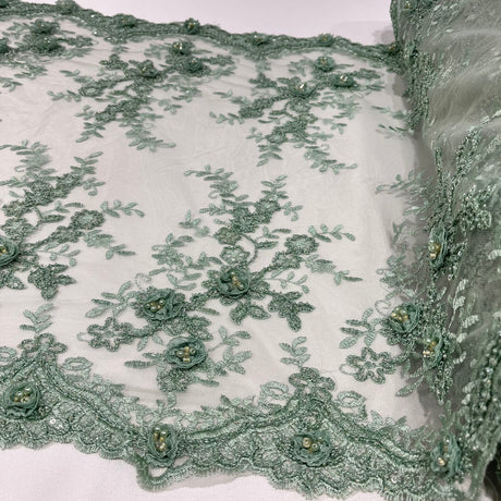 1 Yard 100% Polyester Net Mesh 21" Wide Beaded Double Sided 3D Floral Lace Trimming
