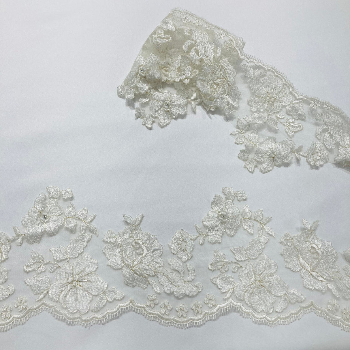 1 Yard Beaded Floral Lace Trim 6" Wide Embroidered on 100% Polyester Net Mesh