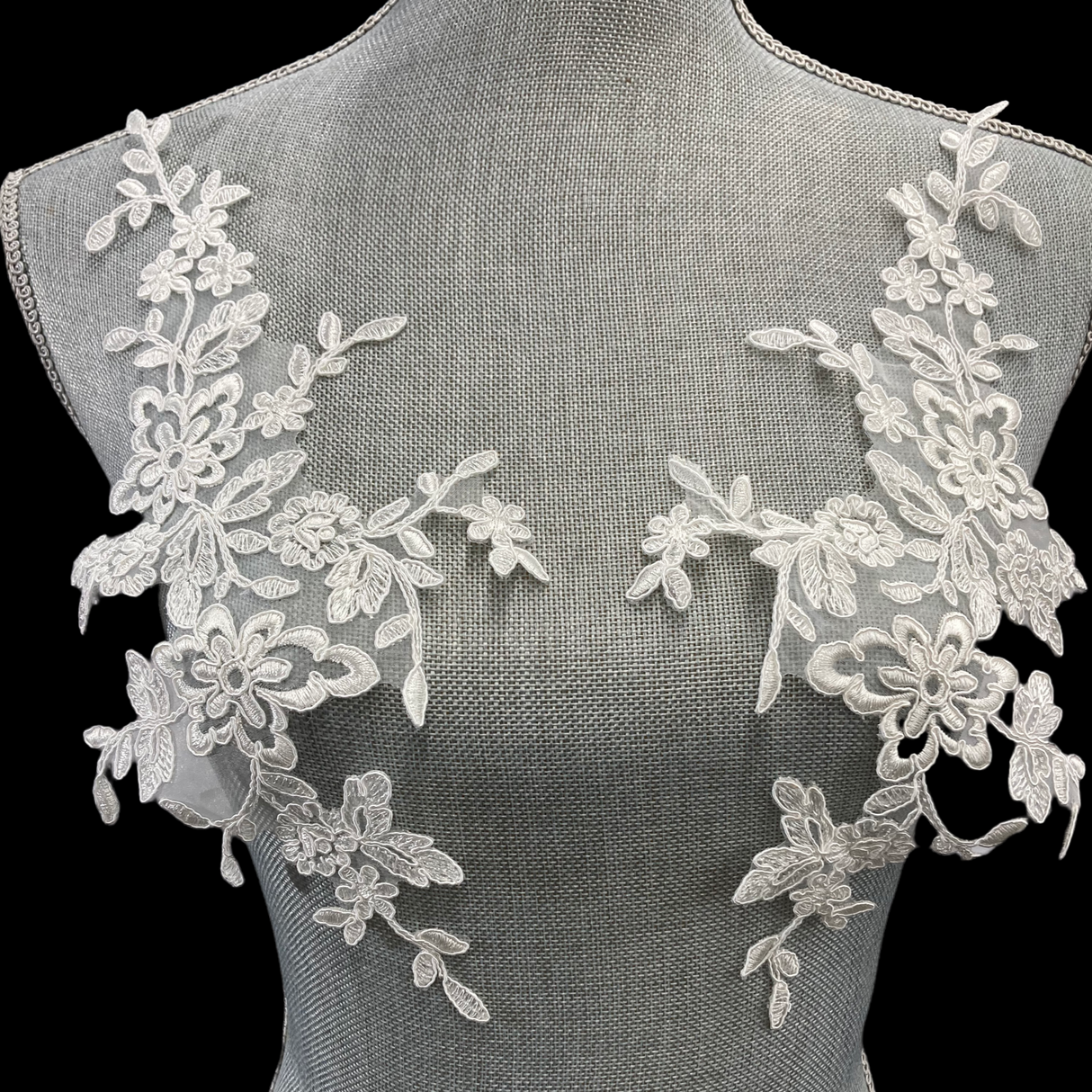 1 Pair Corded Floral Applique for Wedding, Christening & Flower Girl Dresses 13" x 6" Each Side