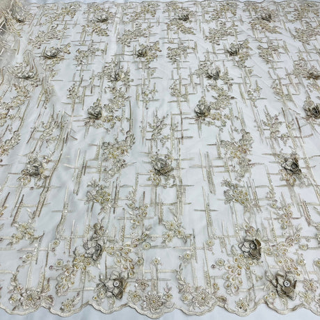 1 Yard Beaded Rhinestone 3D Floral Lace Fabric for Wedding Gowns and Dance Costumes 50" Width