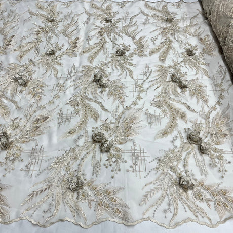 1 Yard Beaded Rhinestone 3D Floral Lace Fabric for Bridal Gowns Costumes Dresses 50" Width