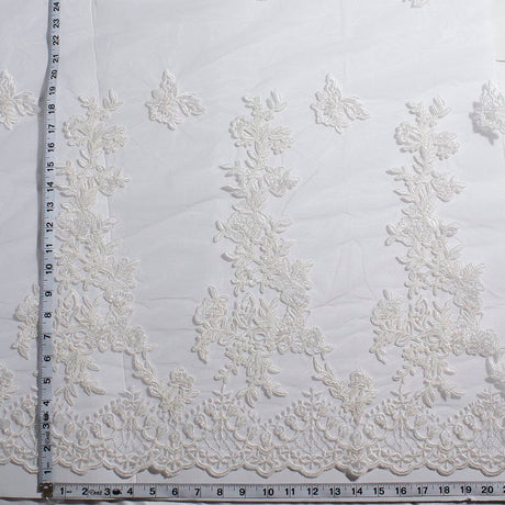 1 Yard 52 Inch Silver Beaded and Corded Bridal Lace Fabric Embroidered on Polyester Net Mesh