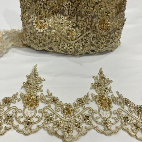 1 Yard Beaded & Corded Floral Lace Trimming Embroidered on 100% Polyester Net Mesh 6" Wide