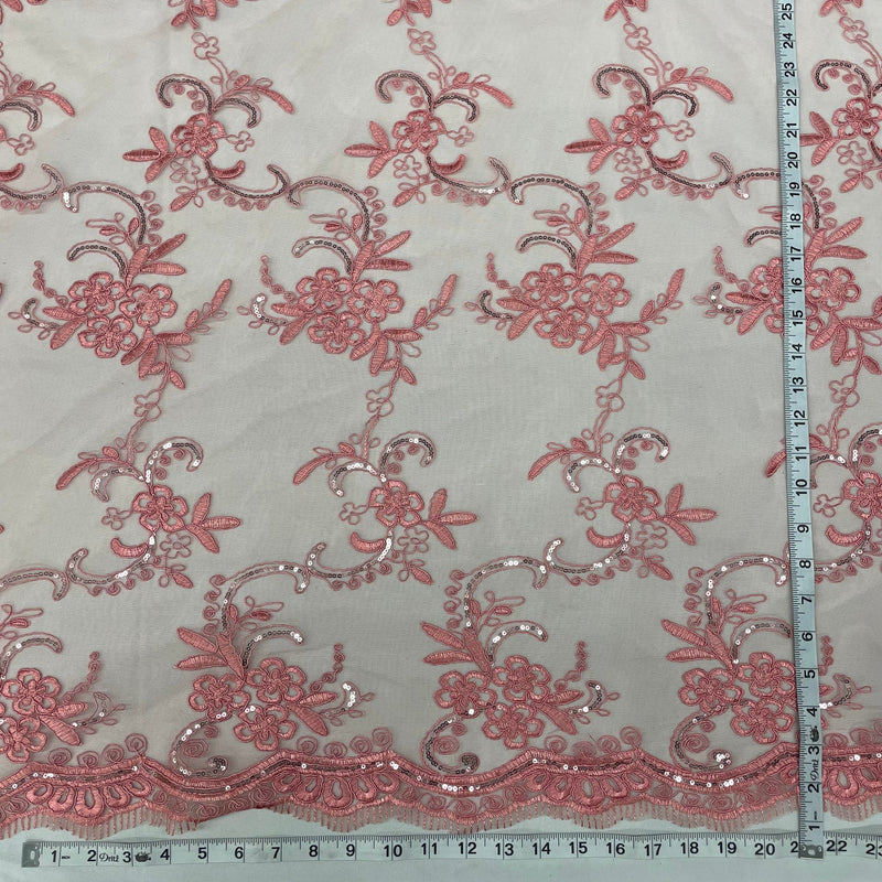 1 Yard Dusty Rose Sequined and Corded Lace Fabric on Percent Polyester Net Mesh 54 Inch Width