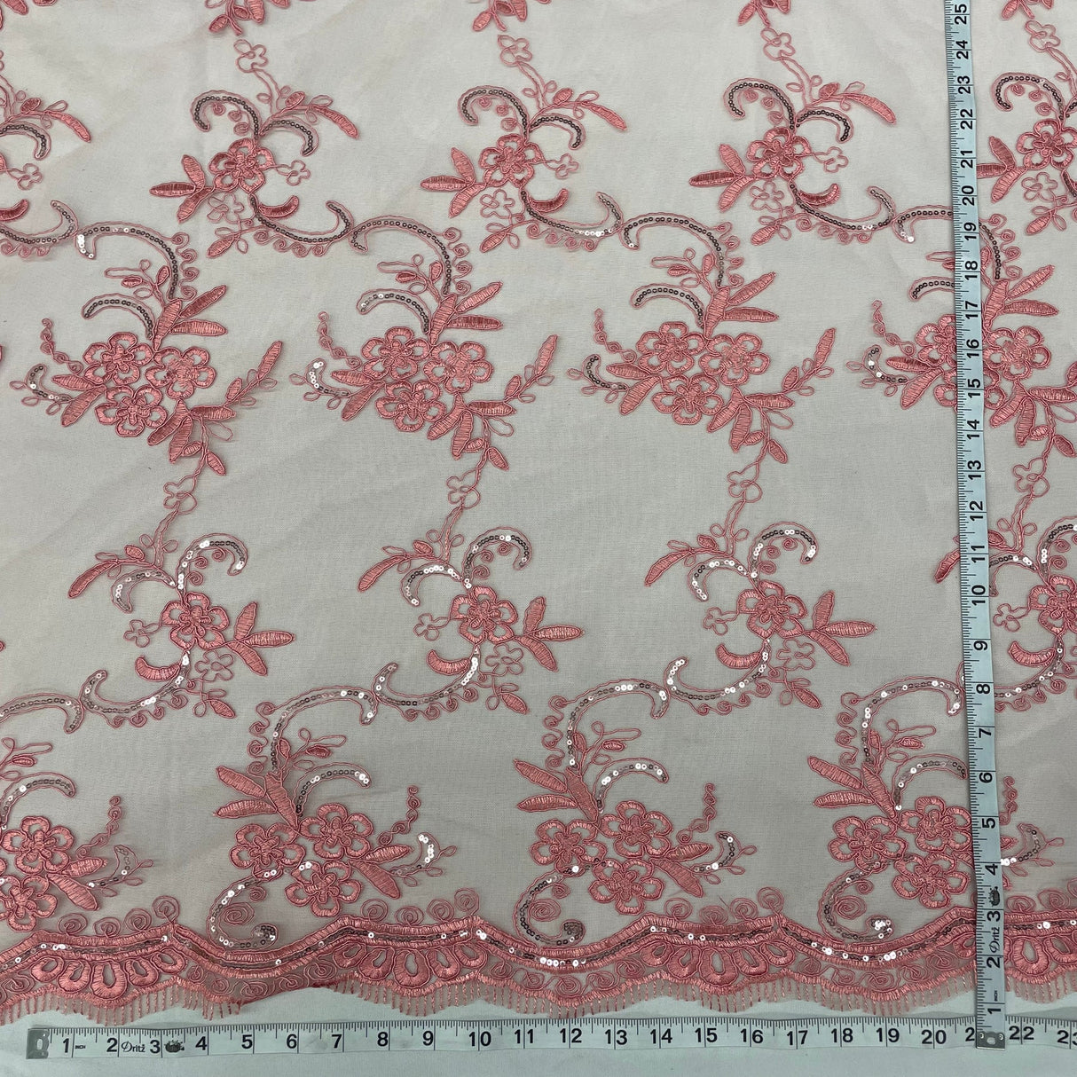 1 Yard Dusty Rose Sequined and Corded Lace Fabric on Percent Polyester Net Mesh 54 Inch Width