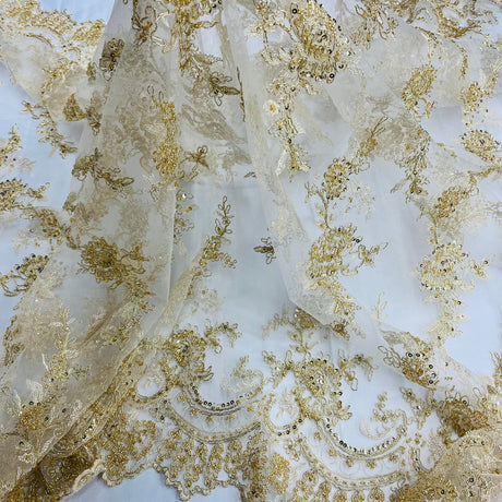 1 Yard Ivory Beaded Corded Bridal Lace Fabric Embroidered on Polyester Net Mesh 51 inch Width