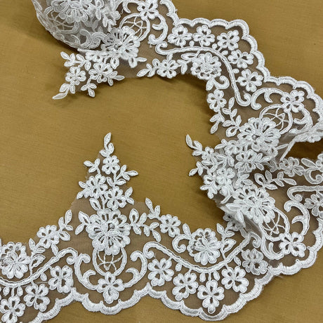 1 Yard Beaded & Corded Floral Lace Trimming Embroidered on 100% Polyester Net Mesh 6" Wide