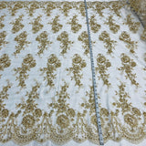 1 Yard Gold Beaded Corded Bridal Lace Fabric on Polyester Mesh, 53" Wide, Embroidered Luxury Fabrication