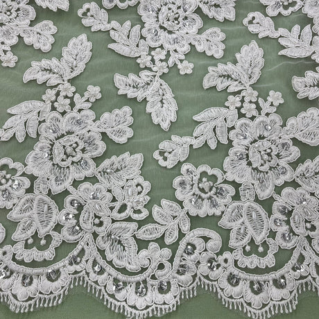 1 Yard Beaded & Corded Embroidered Bridal Lace Fabric, 100% Polyester Net Mesh, 52-54 inch Wide,