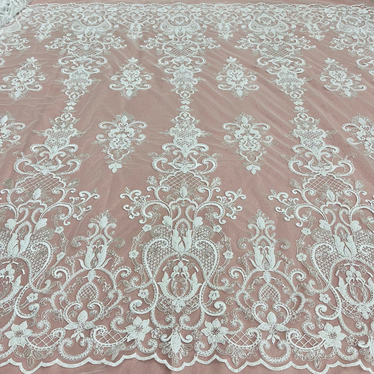 1 Yard Ivory Beaded & Sequined Embroidered Lace Fabric on Polyester Mesh, 54" Wide,