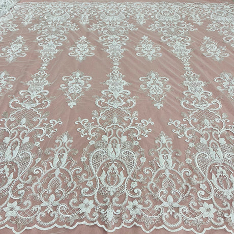 1 Yard Ivory Beaded & Sequined Embroidered Lace Fabric on Polyester Mesh, 54" Wide,