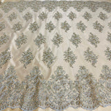 1 Yard Dusty Rose Beaded Corded Lace Fabric with Scallops Embroidered on 100% Poly Metallic 54 Inch Wide