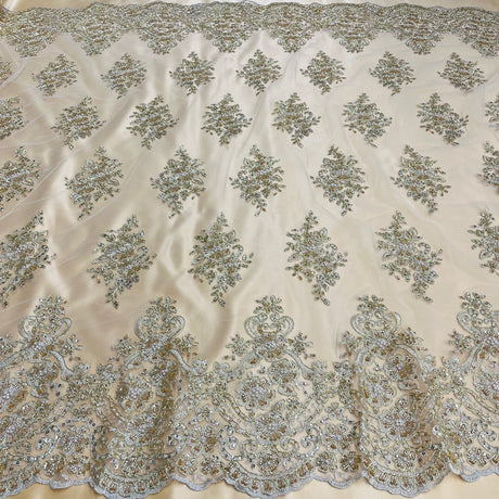 1 Yard Dusty Rose Beaded Corded Lace Fabric with Scallops Embroidered on 100% Poly Metallic 54 Inch Wide