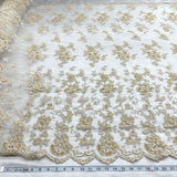 1 Yard Champagne with Gold Beaded Lace Fabric Embroidered Pearl Sequin Mesh Bridal Gown 54" Width